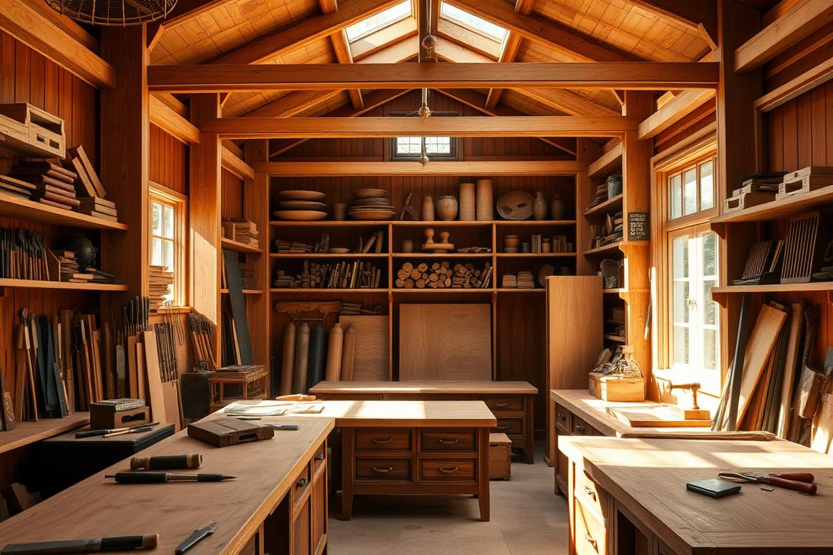 Interior of the Firestaq atelier workshop with walnut planks and brass fittings