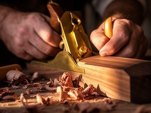 Close-up of a craftsman planing walnut with a brass hand plane