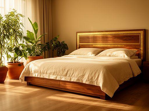 Walnut bed frame with brass inlay headboard