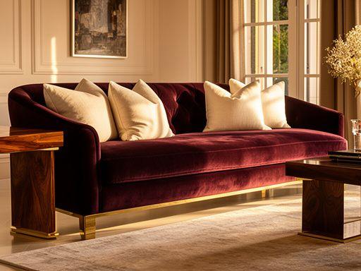 Bespoke wine-velvet sofa with brass legs